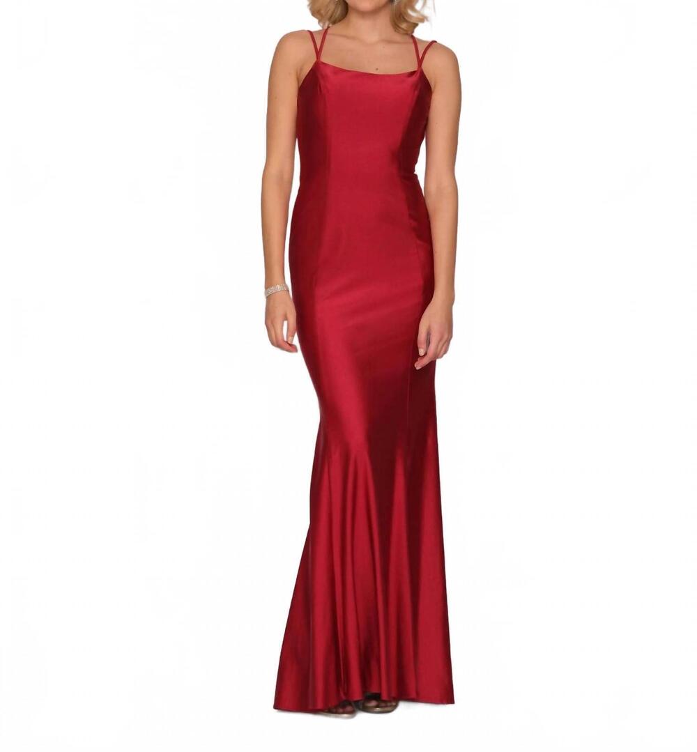 NEW DAVE & JOHNNY laced-up back long satin evening gown in raspberry